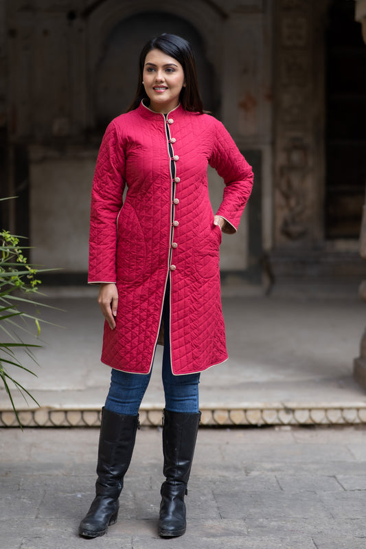 Red Beige Reversible Quilted Coat-NVQJ580