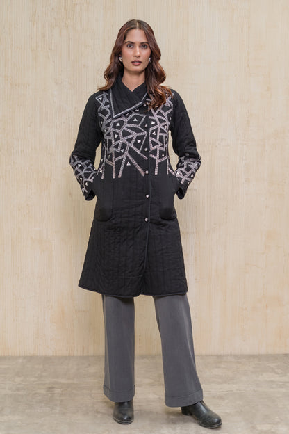 Black Embroidered Quilted Jacket-NVQJ613