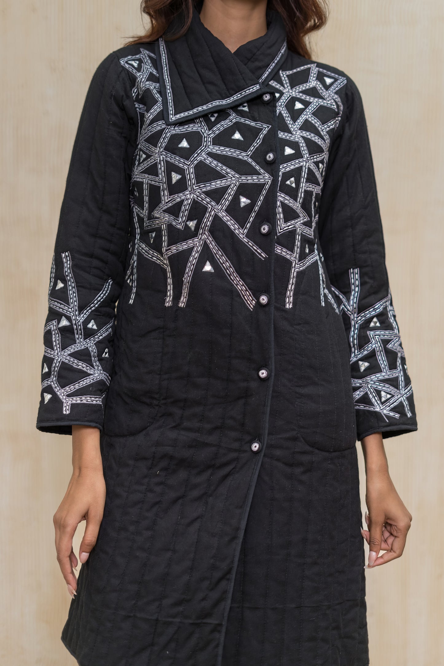 Black Embroidered Quilted Jacket-NVQJ613