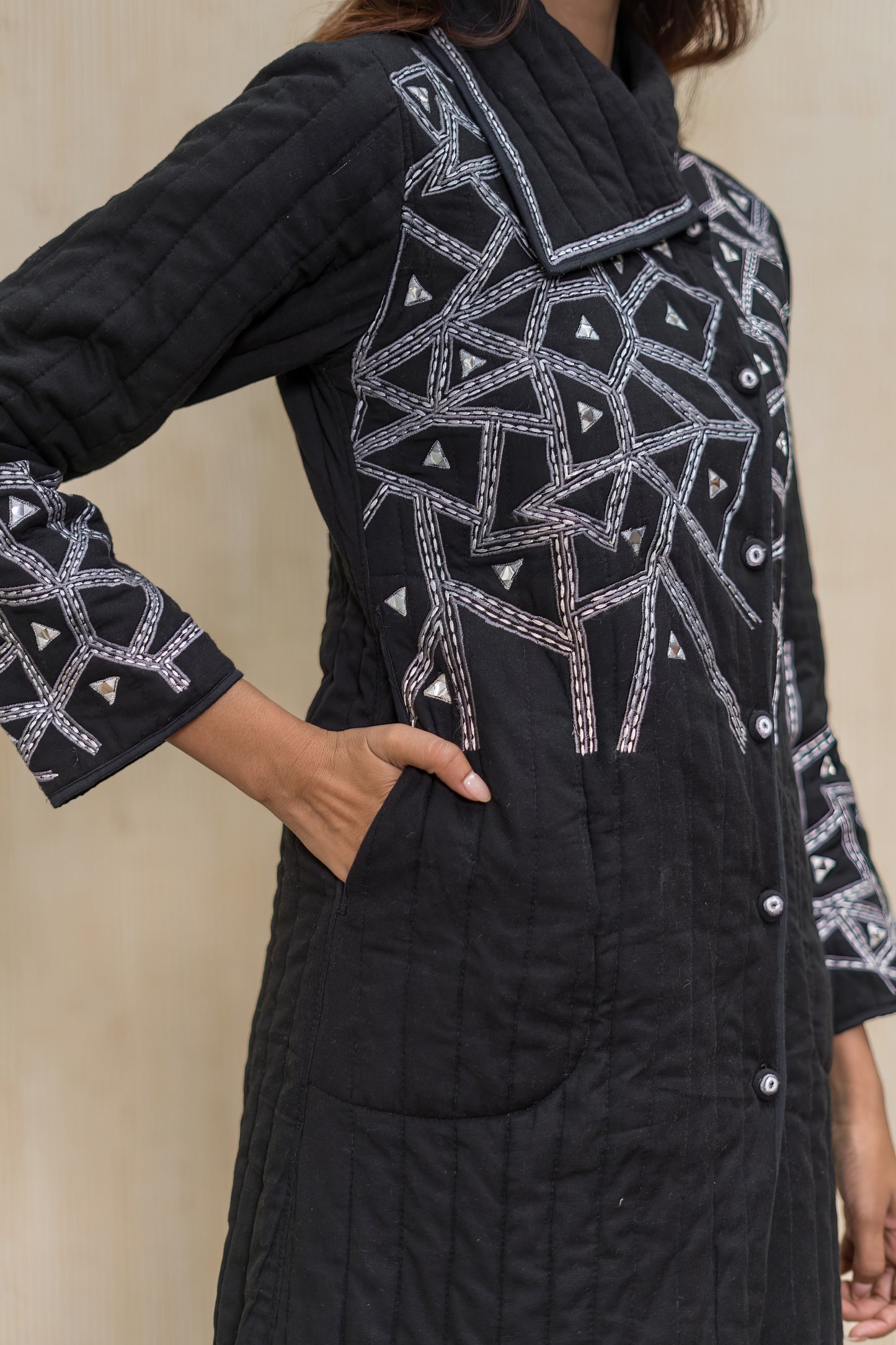 Black Embroidered Quilted Jacket-NVQJ613