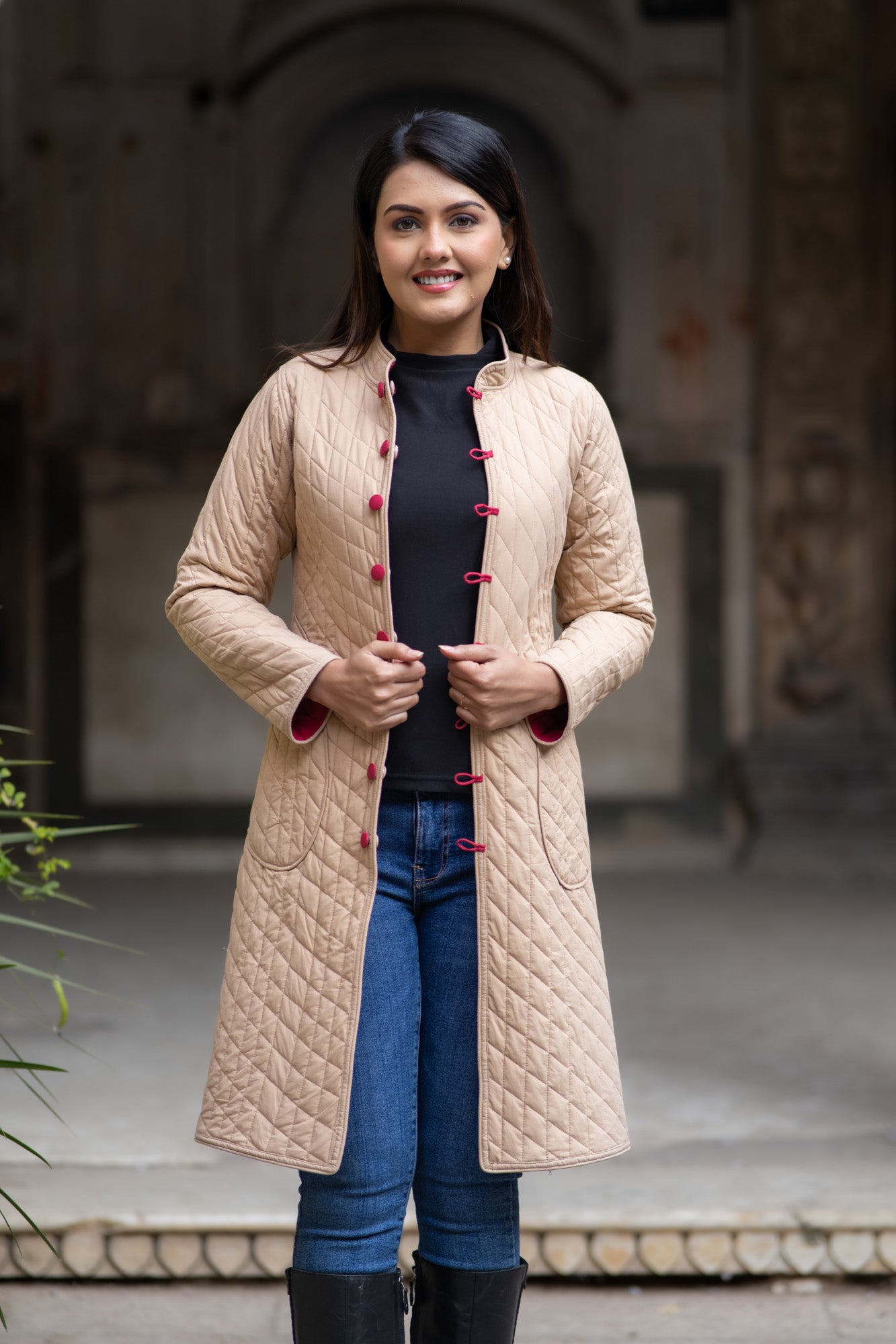 Red Beige Reversible Quilted Coat-NVQJ580