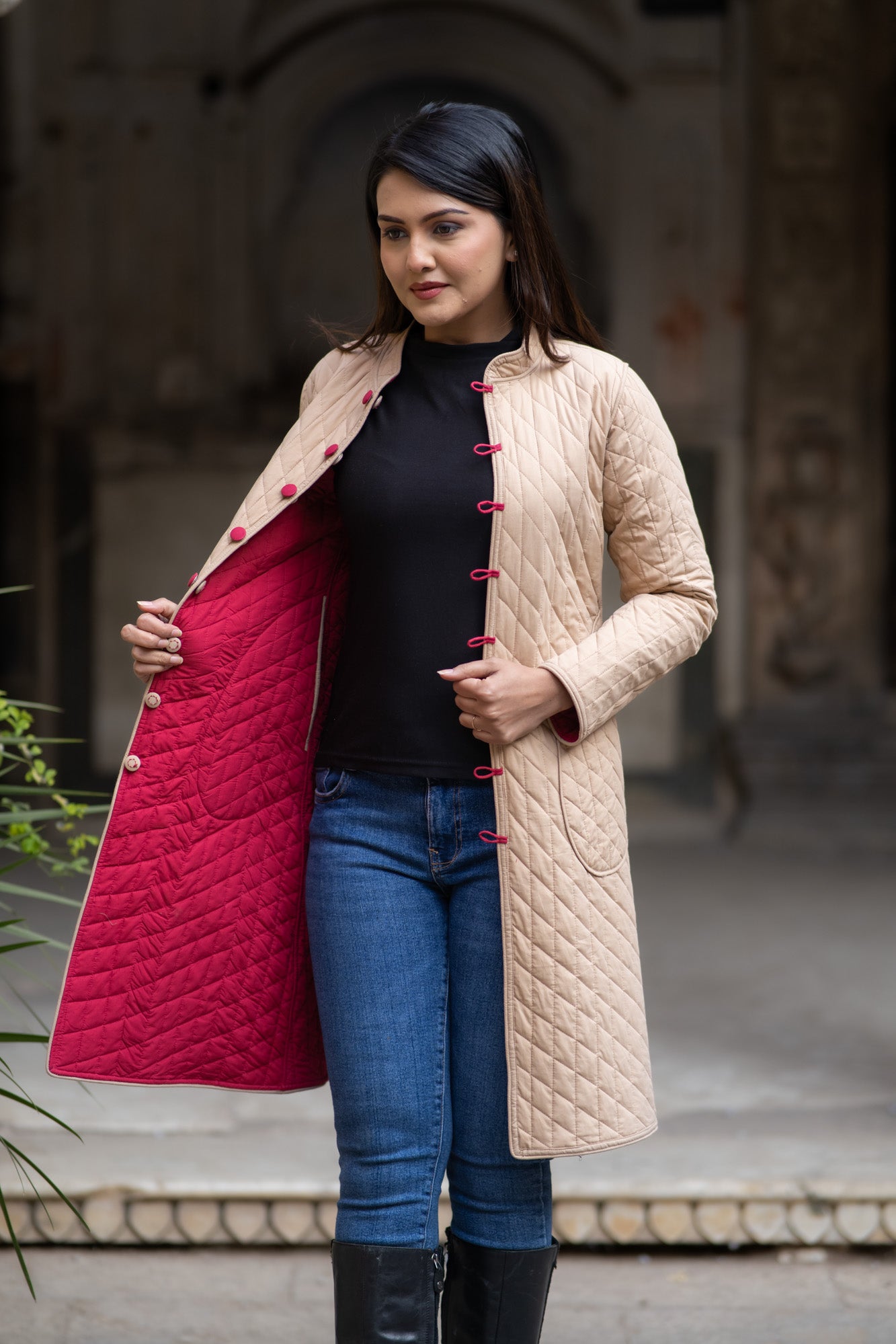 Red Beige Reversible Quilted Coat-NVQJ580