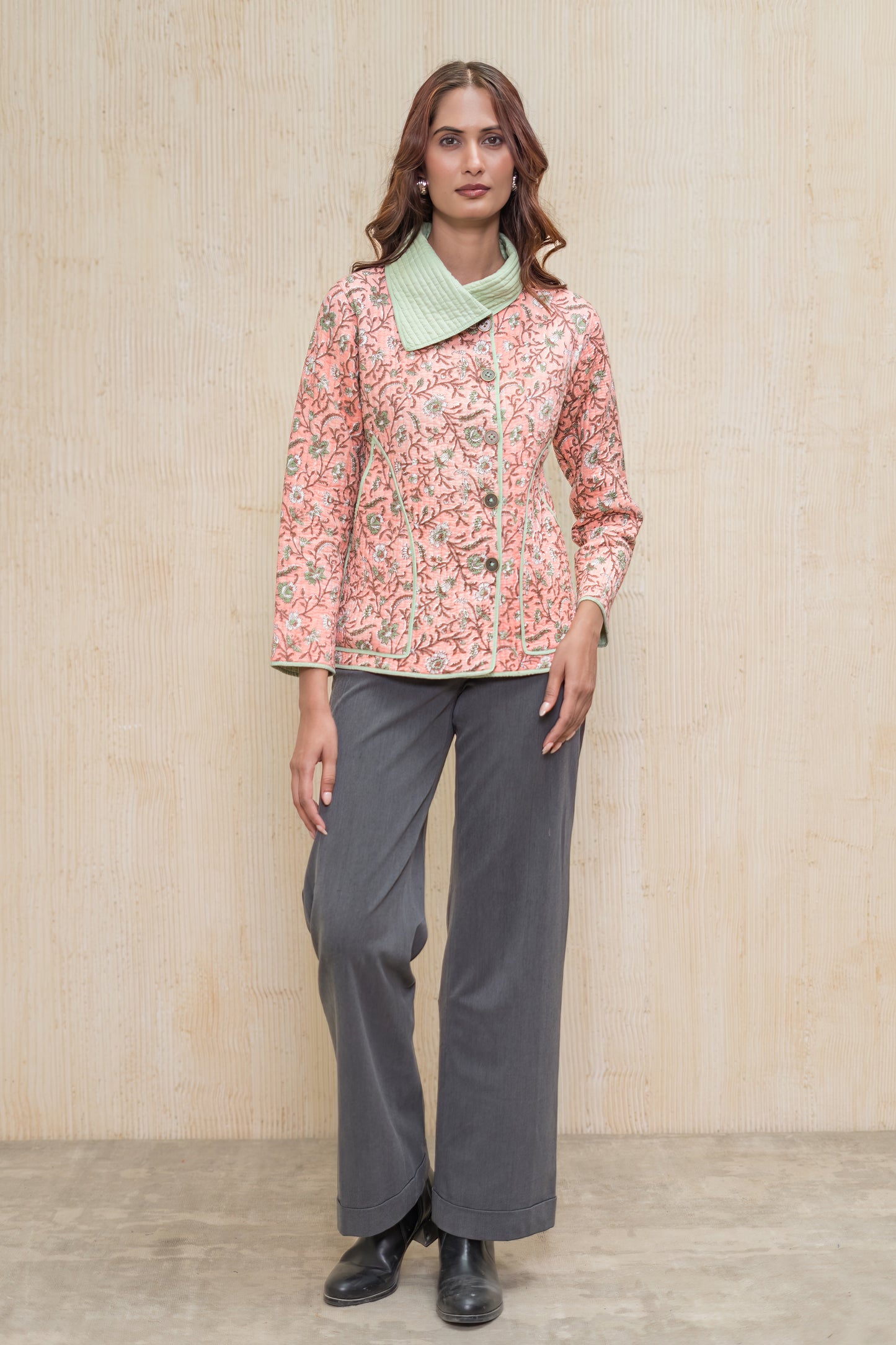 Peach Bukhara Quilted Jacket-NVQJ614