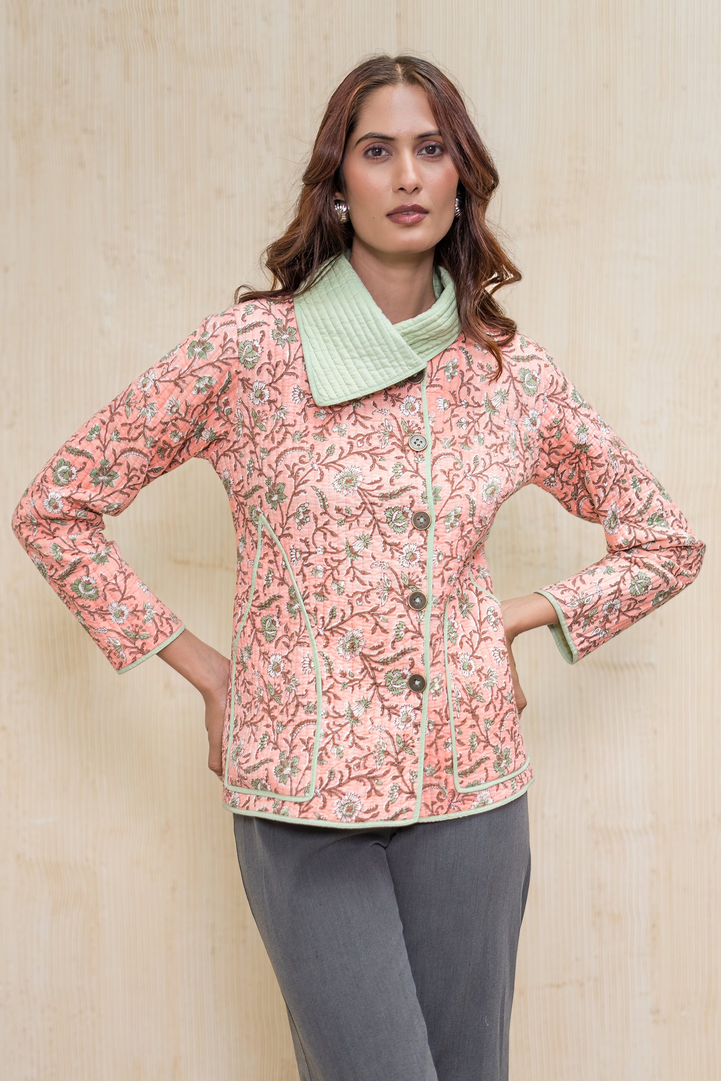 Peach Bukhara Quilted Jacket-NVQJ614