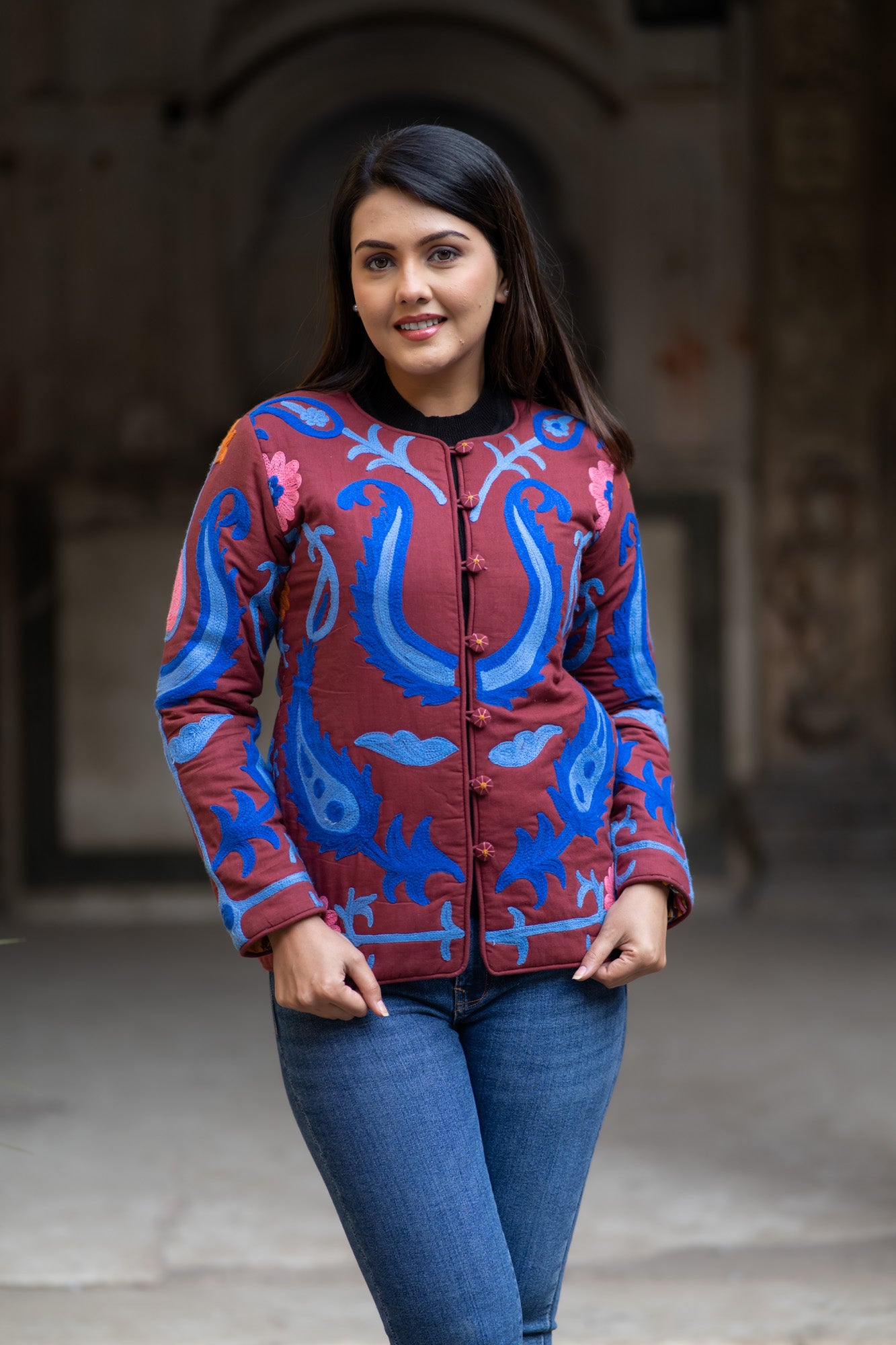 Suzani Embroidered Reversible Maroon Jacket-NVQJ591