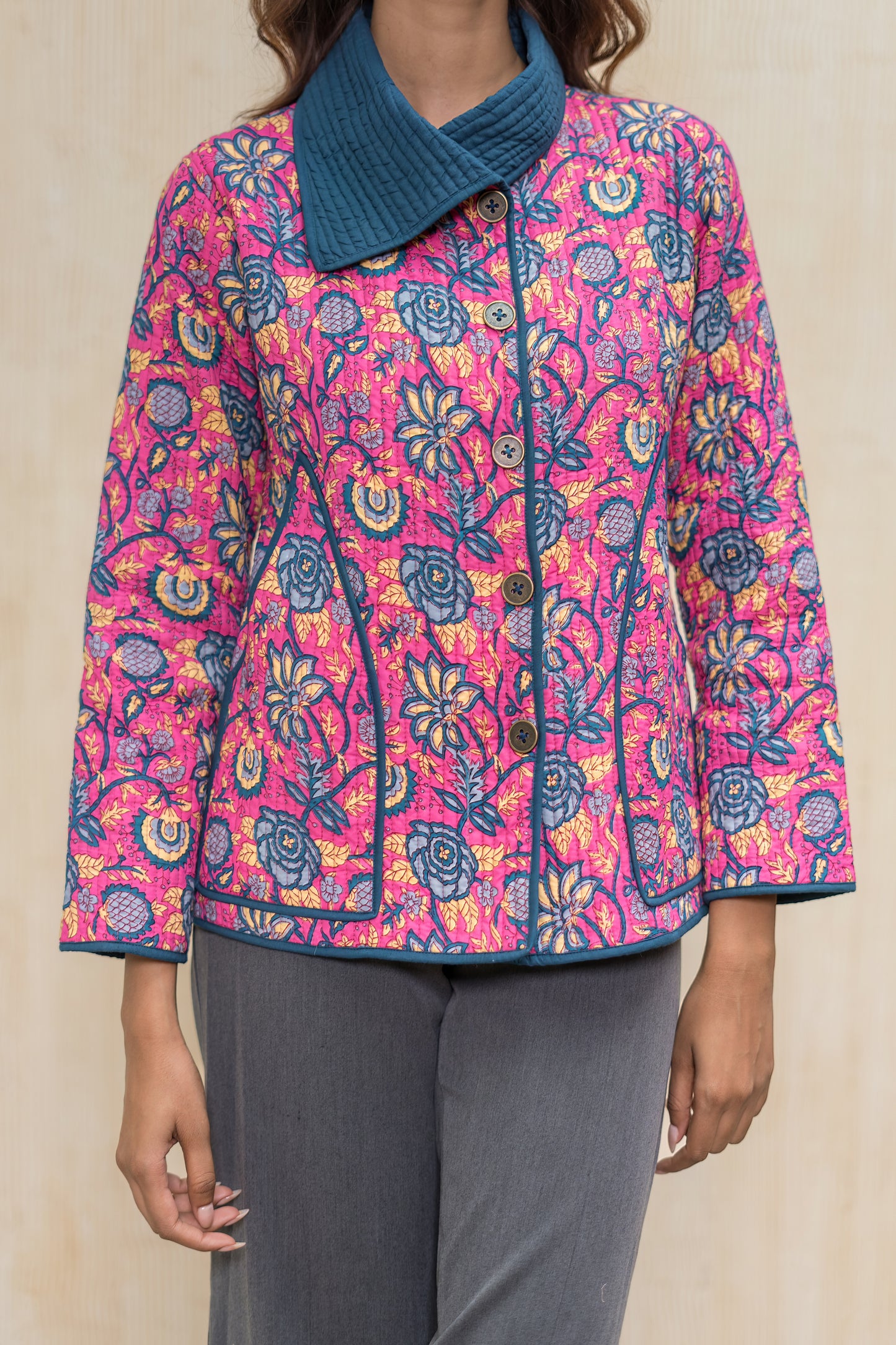 Pink Bukhara Quilted Jacket-NVQJ615