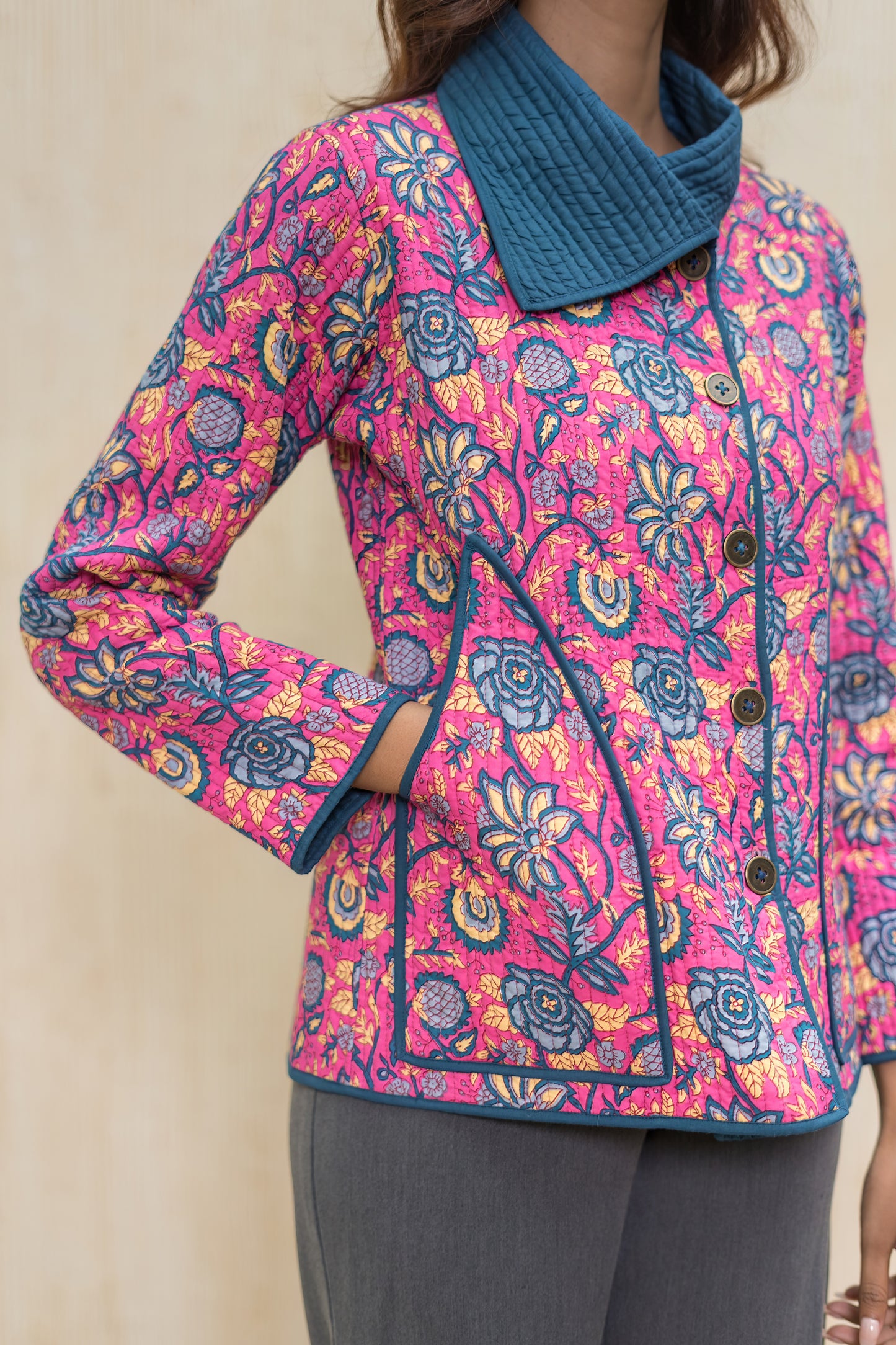 Pink Bukhara Quilted Jacket-NVQJ615