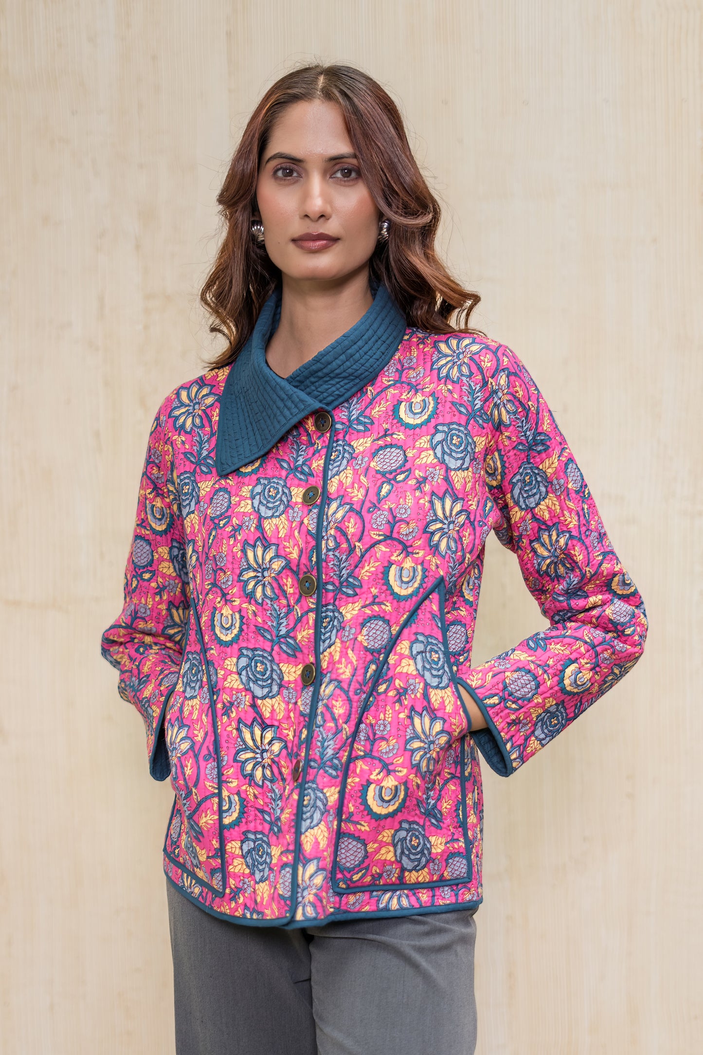 Pink Bukhara Quilted Jacket-NVQJ615