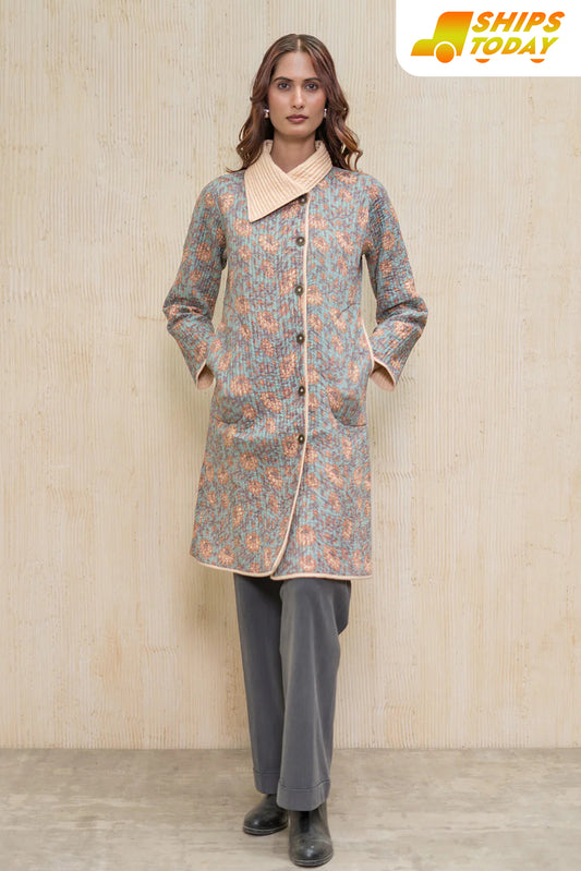 Blue Block Printed Quilted  Bukhara Jacket-NVQJ609