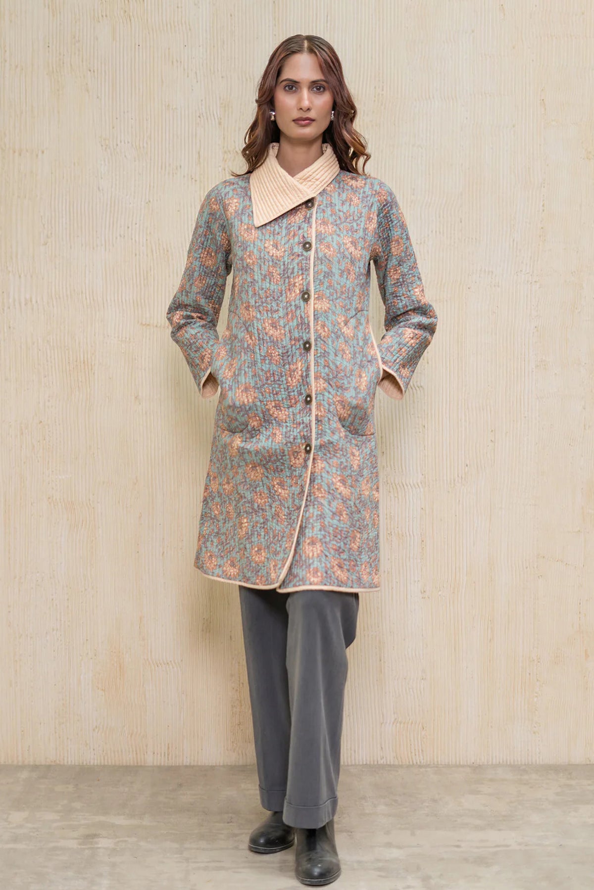 Blue Block Printed Quilted  Bukhara Jacket-NVQJ609