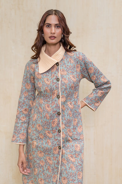 Blue Block Printed Quilted  Bukhara Jacket-NVQJ609