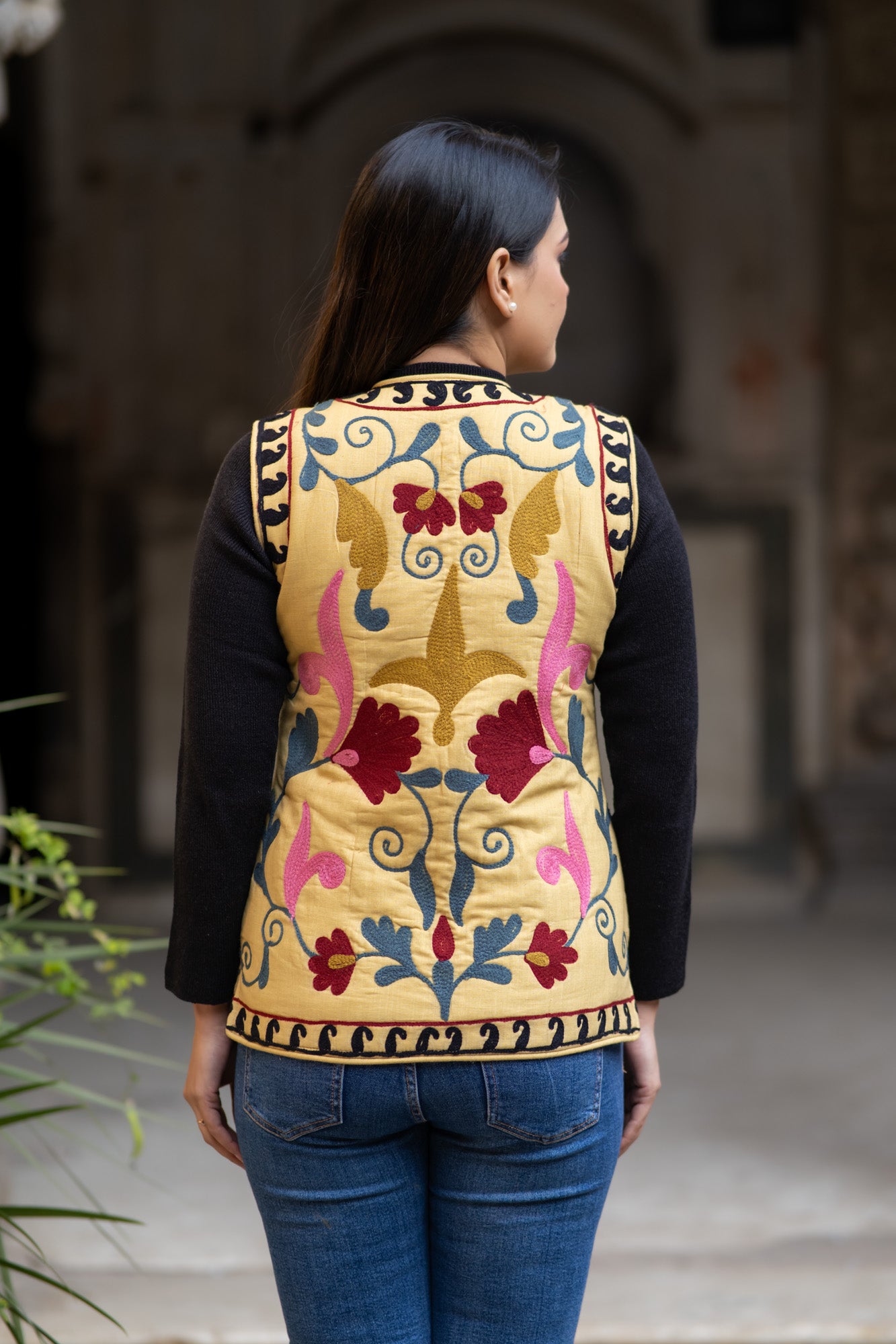 Suzani Embroidered Reversible Beige Jacket-NVQJ590