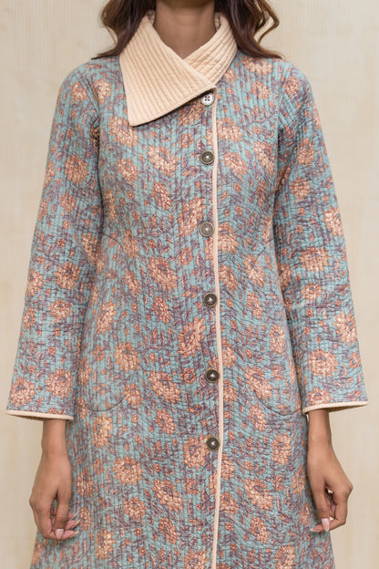 Blue Block Printed Quilted  Bukhara Jacket-NVQJ609