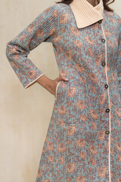 Blue Block Printed Quilted  Bukhara Jacket-NVQJ609