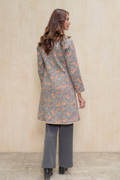 Blue Block Printed Quilted  Bukhara Jacket-NVQJ609