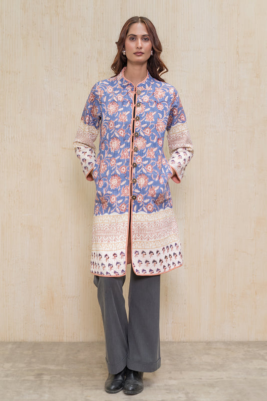 Blue Block Printed Reversible Quilted Jacket-NVQJ612