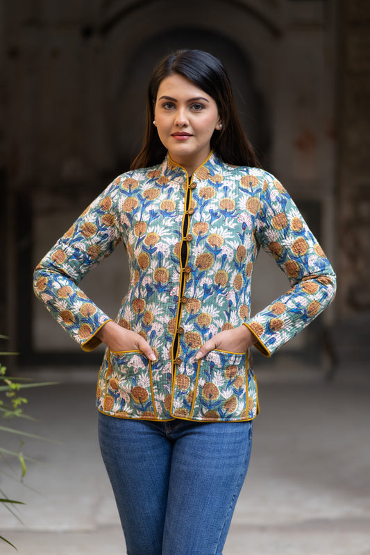 Mustard Block Printed Reversible Quilted Jacket-NVQJ564