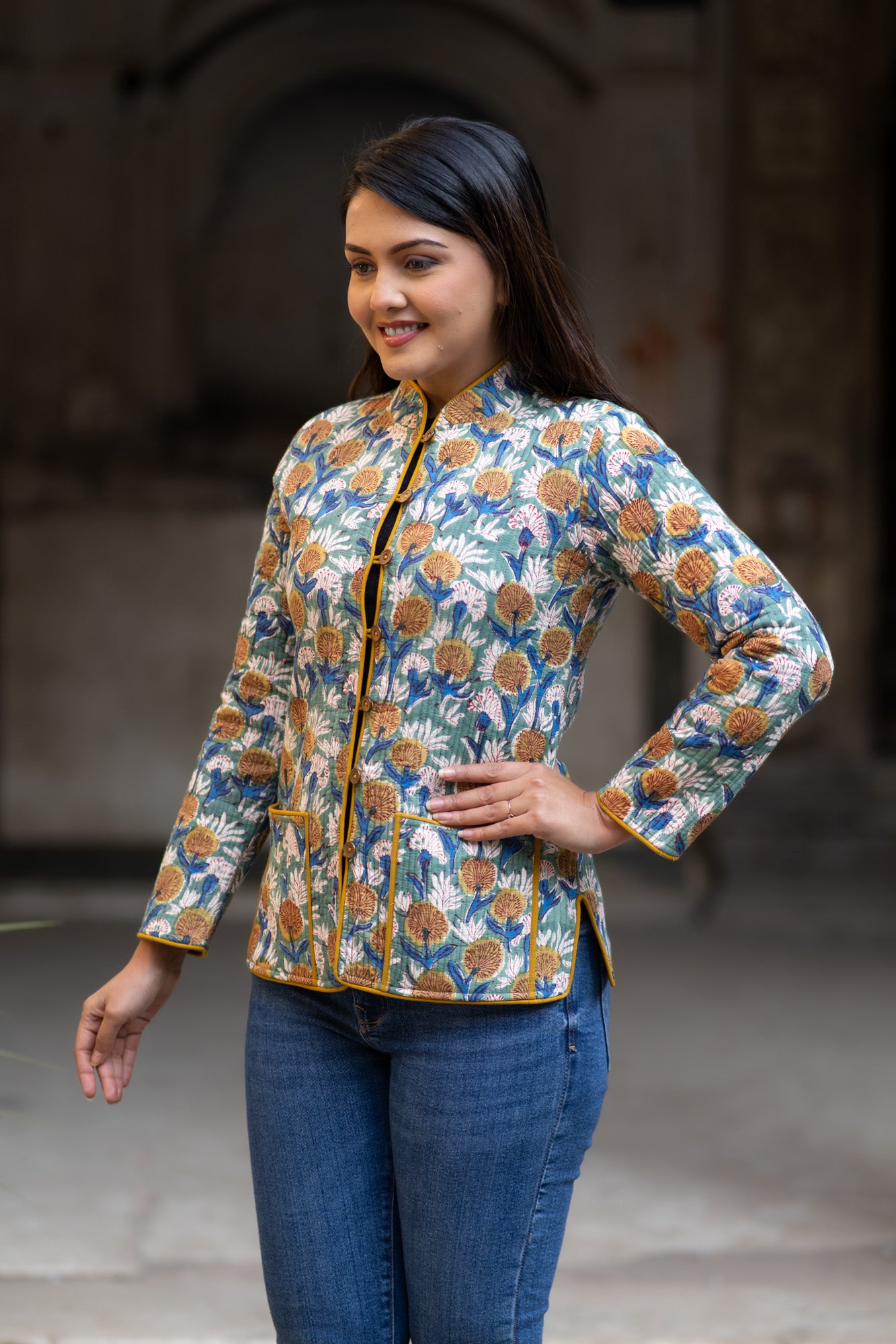 Mustard Block Printed Reversible Quilted Jacket-NVQJ564