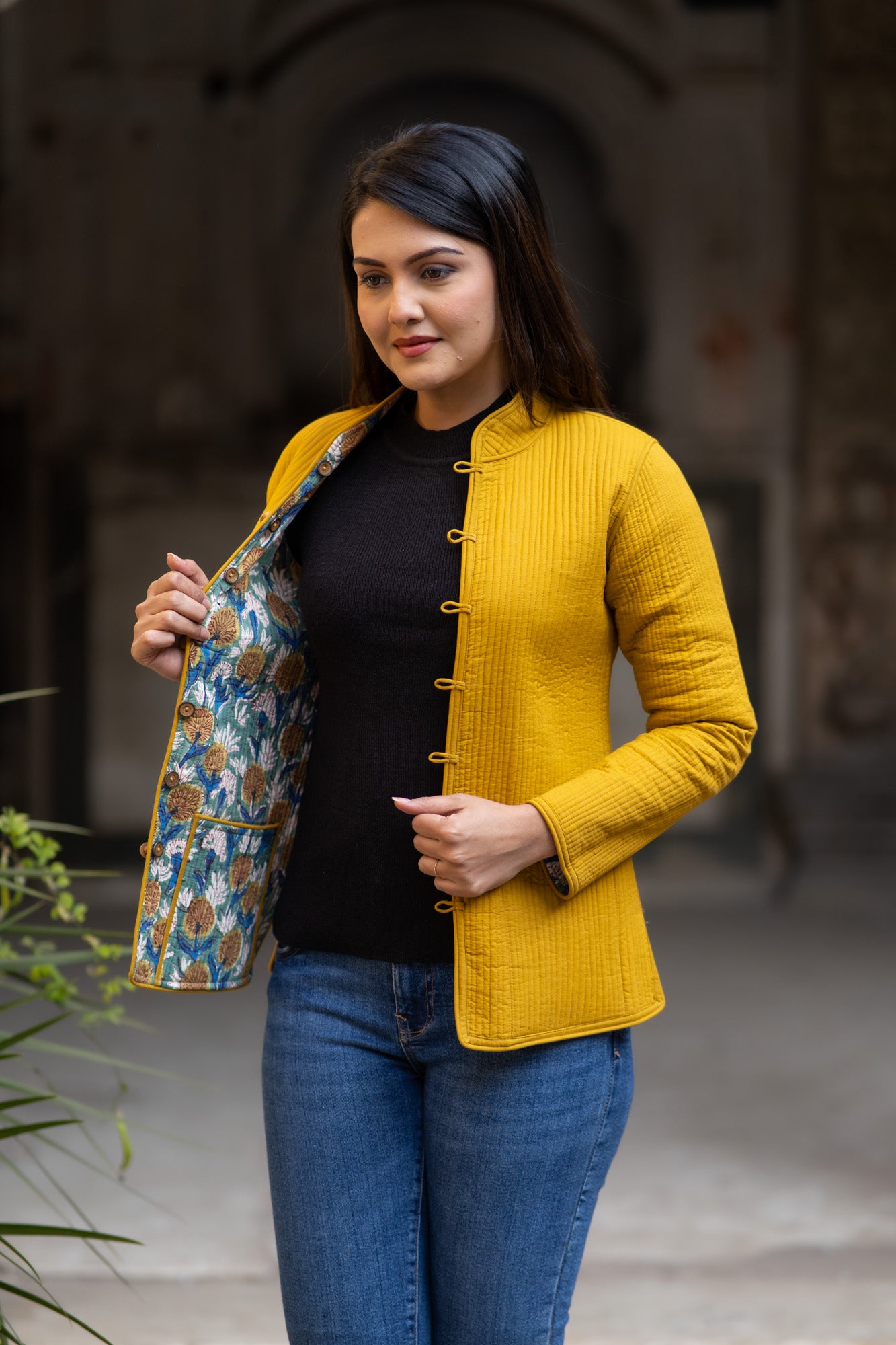 Mustard Block Printed Reversible Quilted Jacket-NVQJ564