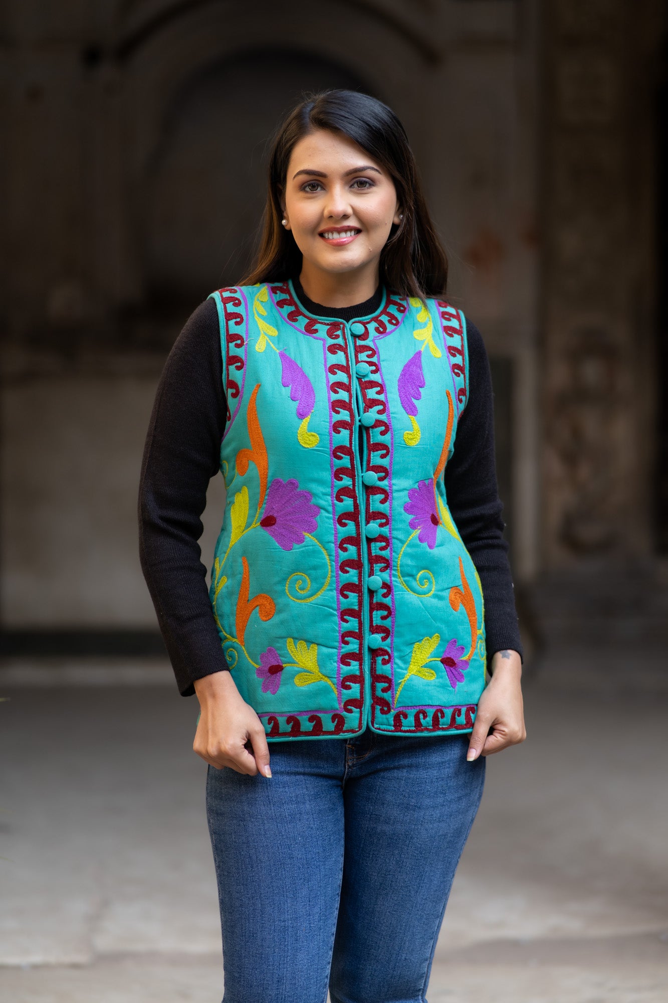 Suzani Embroidered Reversible Turquoise Jacket-NVQJ585