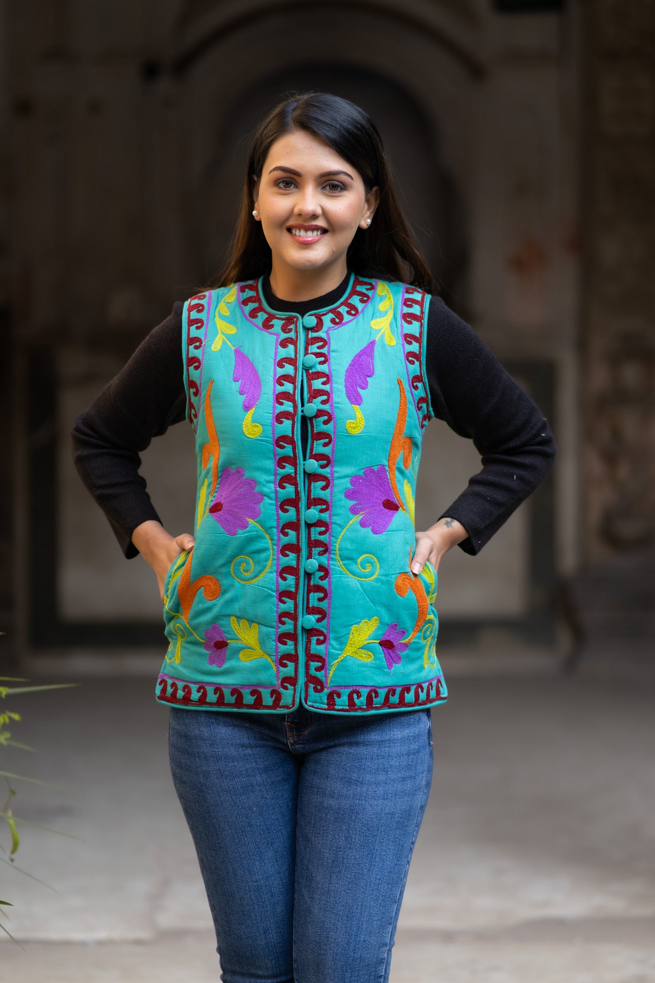 Suzani Embroidered Reversible Turquoise Jacket-NVQJ585