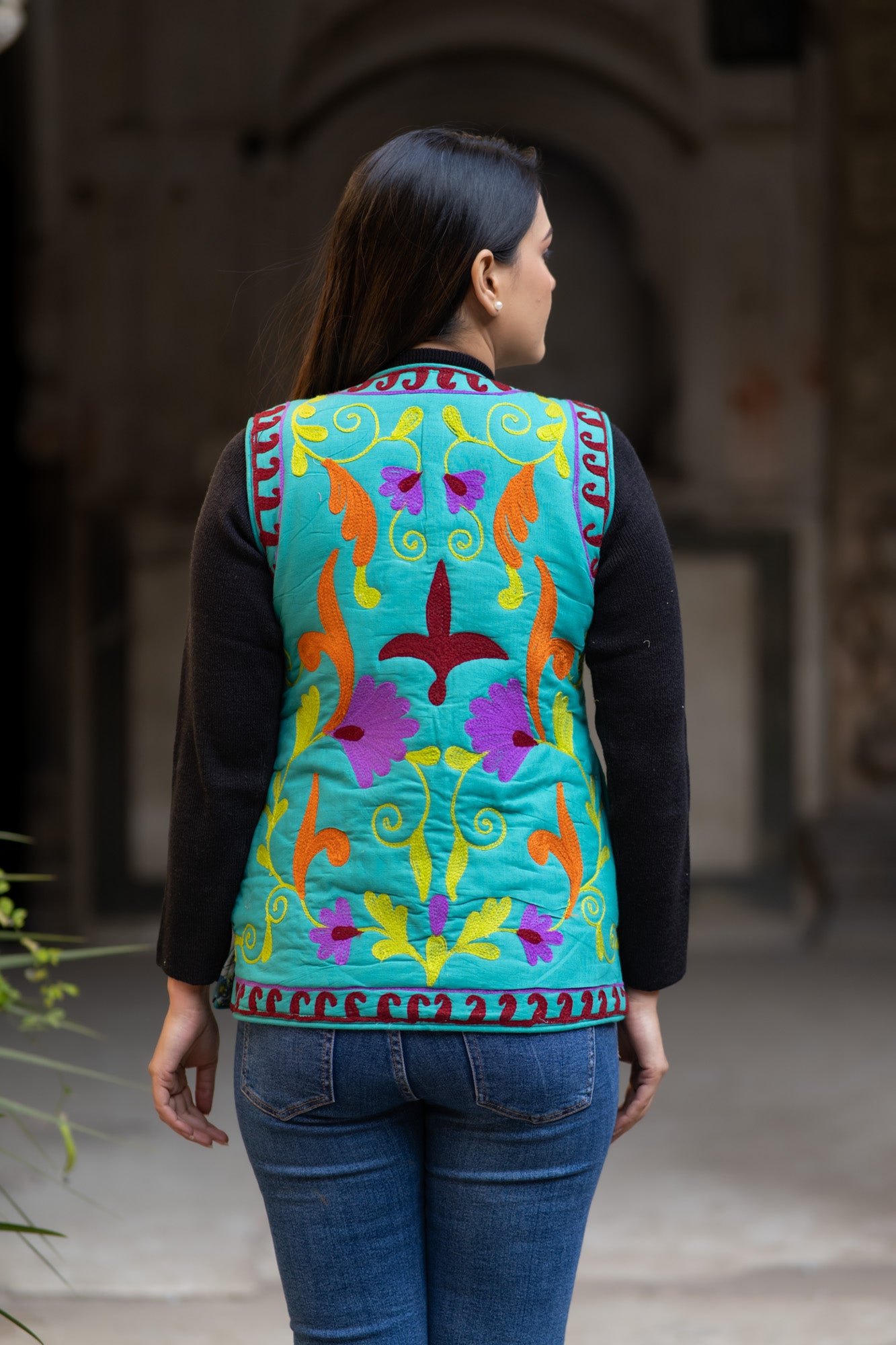 Suzani Embroidered Reversible Turquoise Jacket-NVQJ585