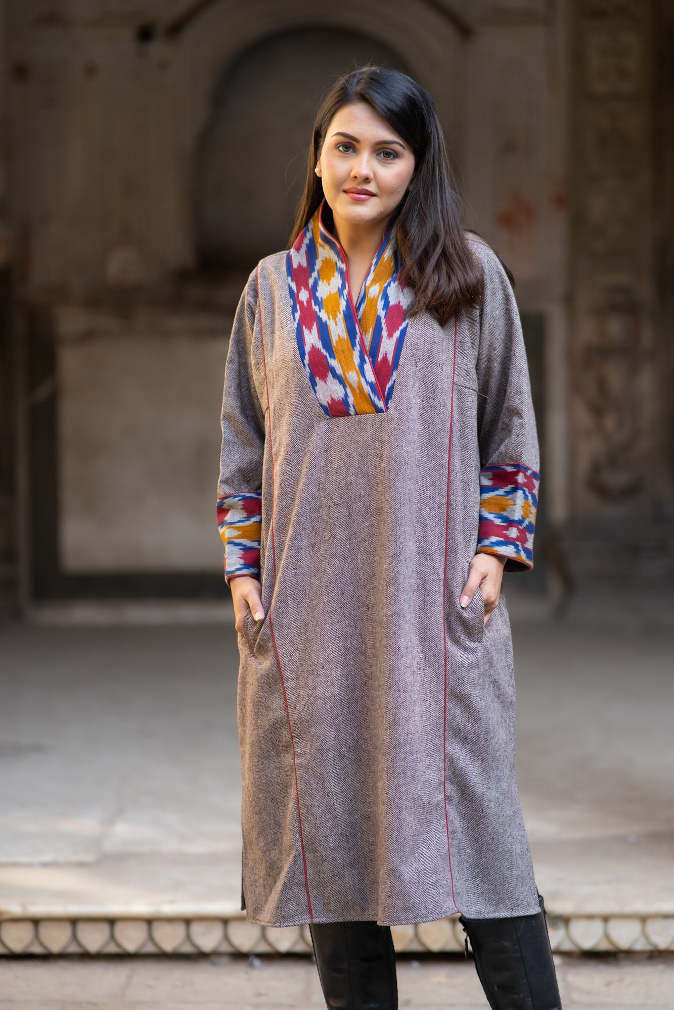 Tweed Wool Phiren Kurta Jacket-NVQJ593