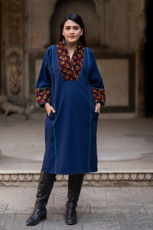 Blue Tweed Wool Phiren Kurta Jacket-NVQJ594