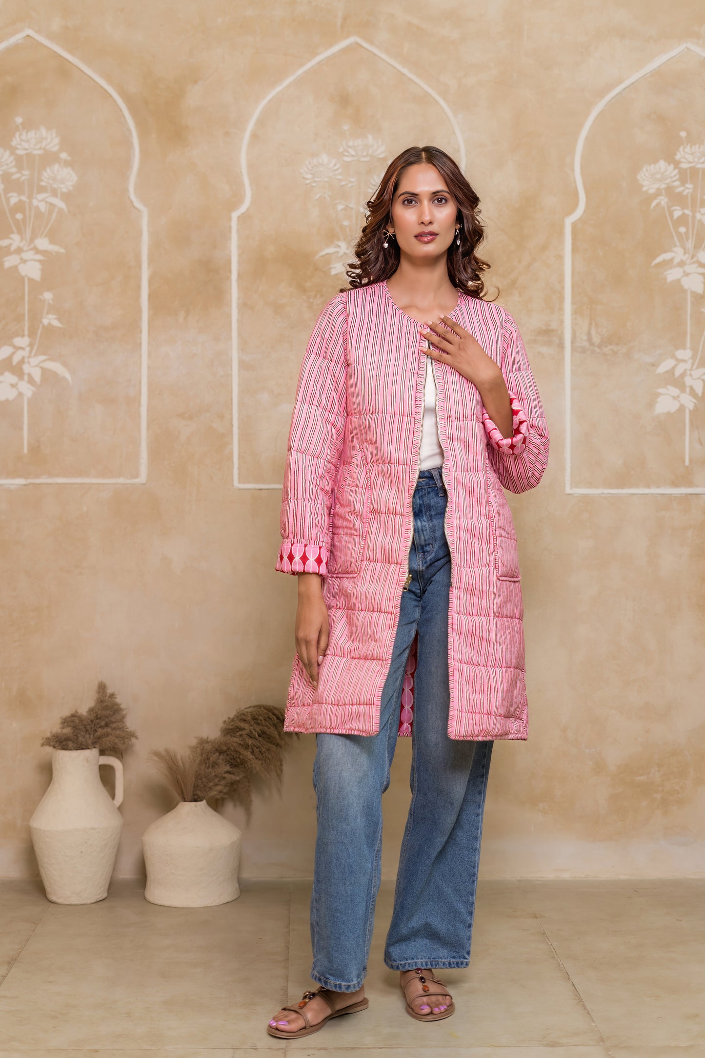 Pink Folded Sleeves Quilted Coat-NVQJ631