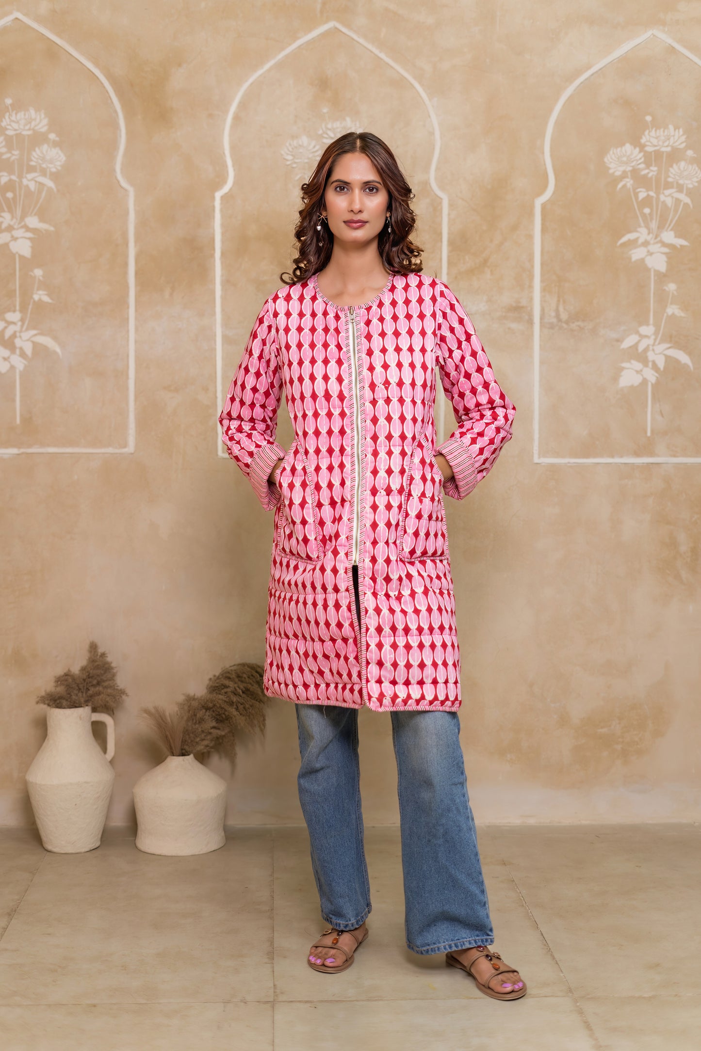Pink Folded Sleeves Quilted Coat-NVQJ631