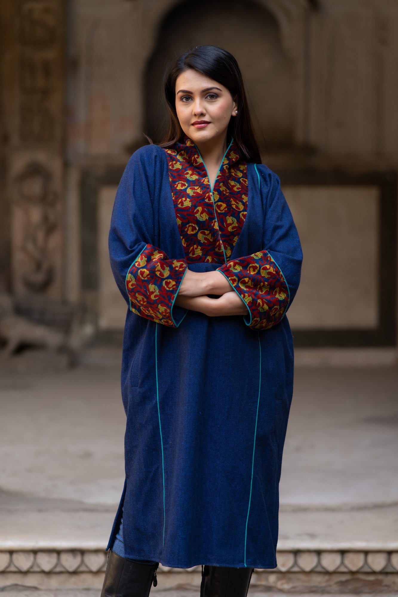 Blue Tweed Wool Phiren Kurta Jacket-NVQJ594