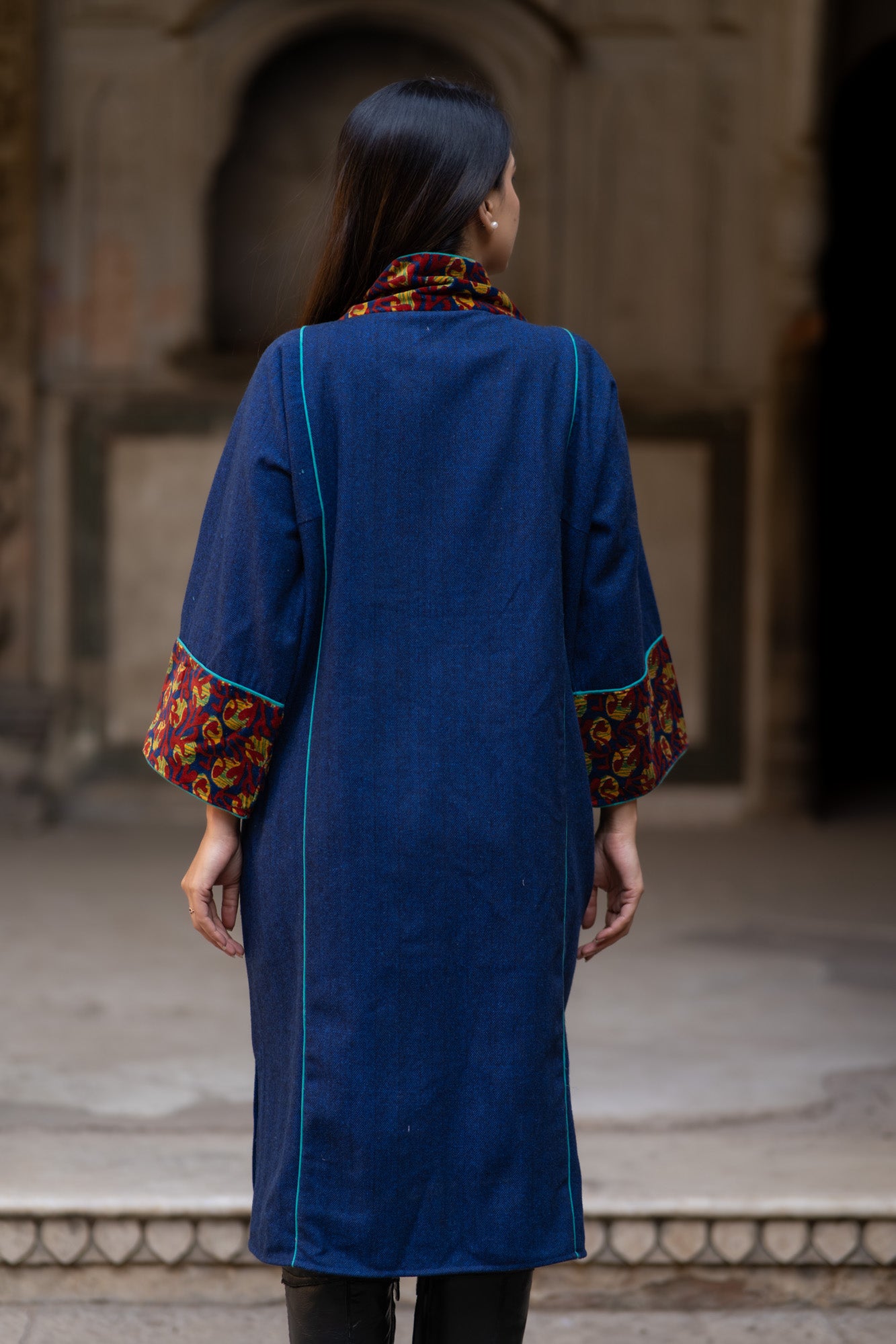 Blue Tweed Wool Phiren Kurta Jacket-NVQJ594