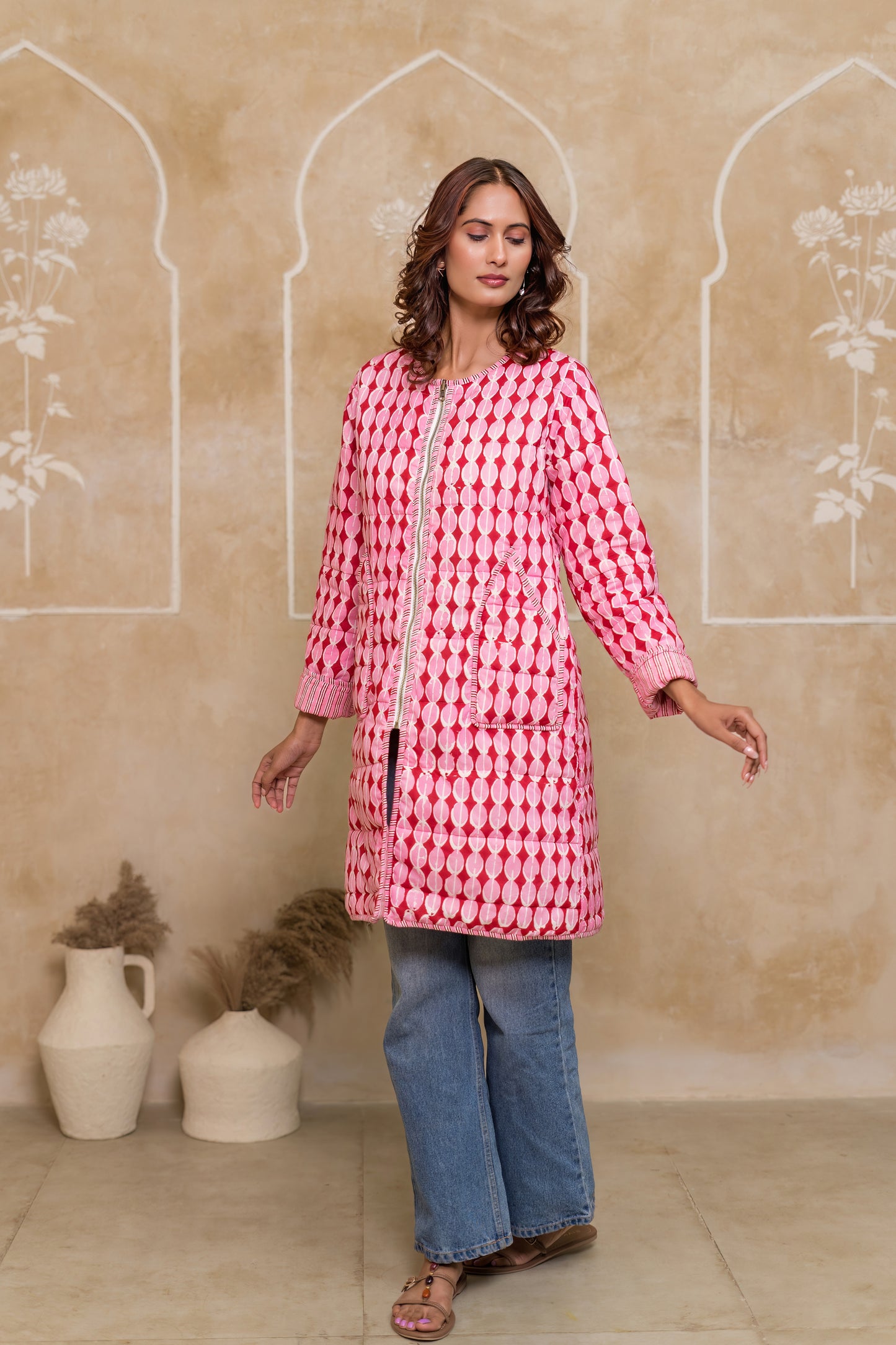 Pink Folded Sleeves Quilted Coat-NVQJ631