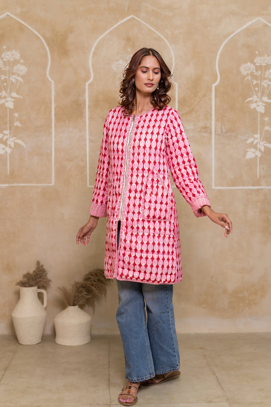Pink Folded Sleeves Quilted Coat-NVQJ631