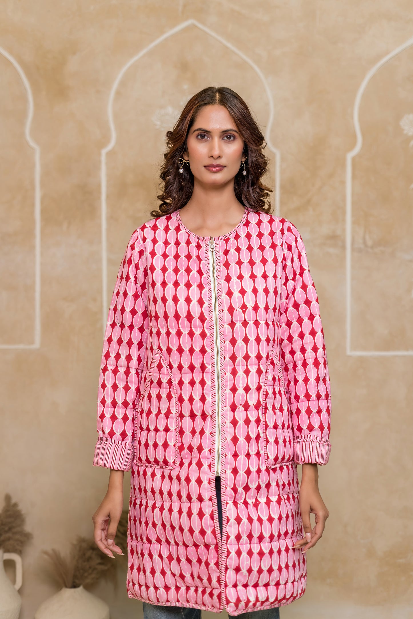 Pink Folded Sleeves Quilted Coat-NVQJ631