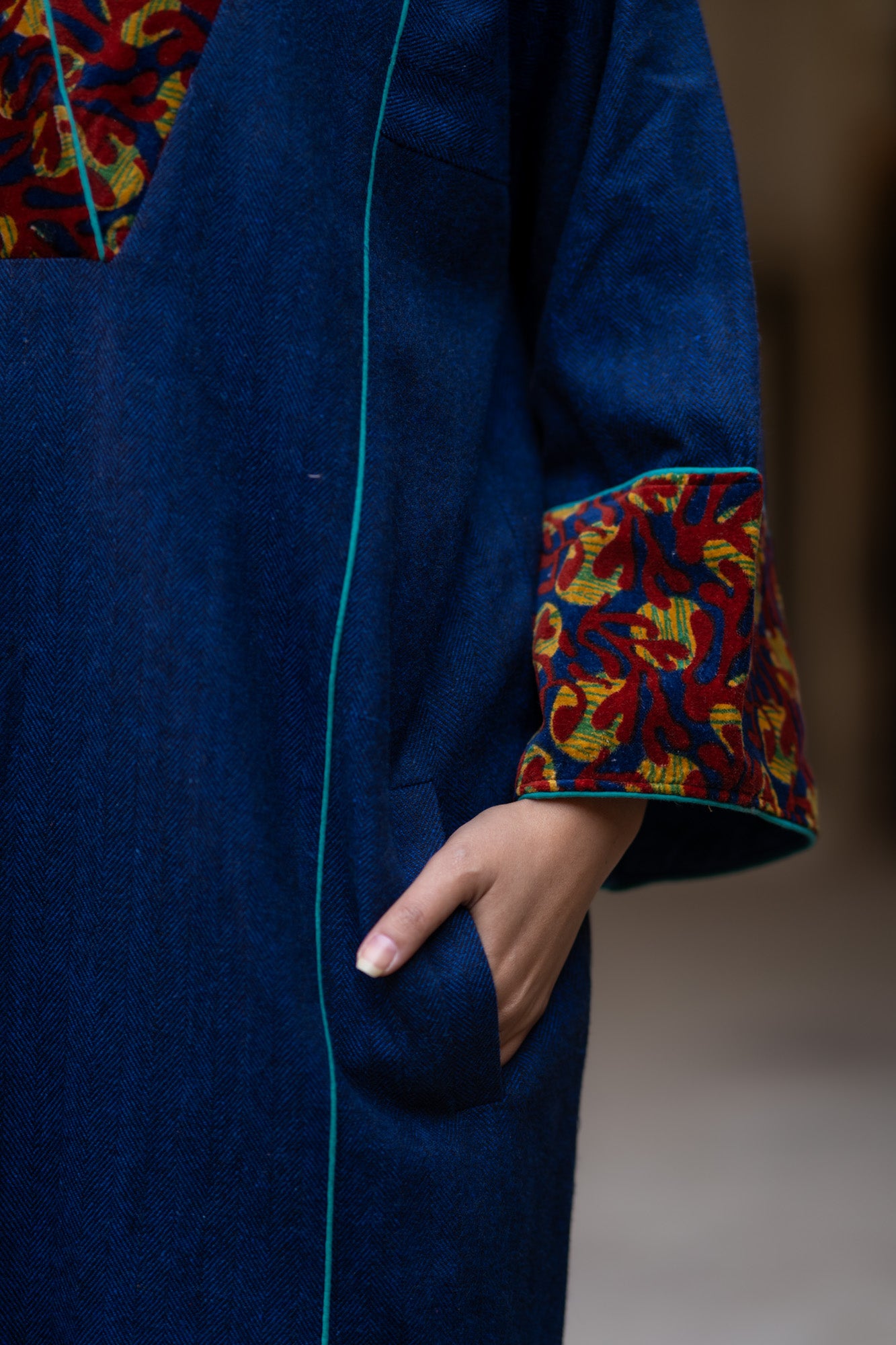 Blue Tweed Wool Phiren Kurta Jacket-NVQJ594