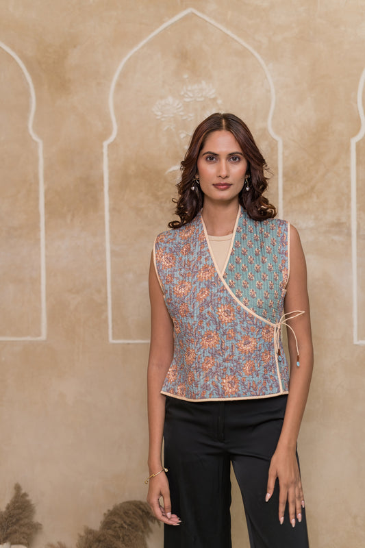 Blue Angrakha Quilted Jacket-NVQJ619