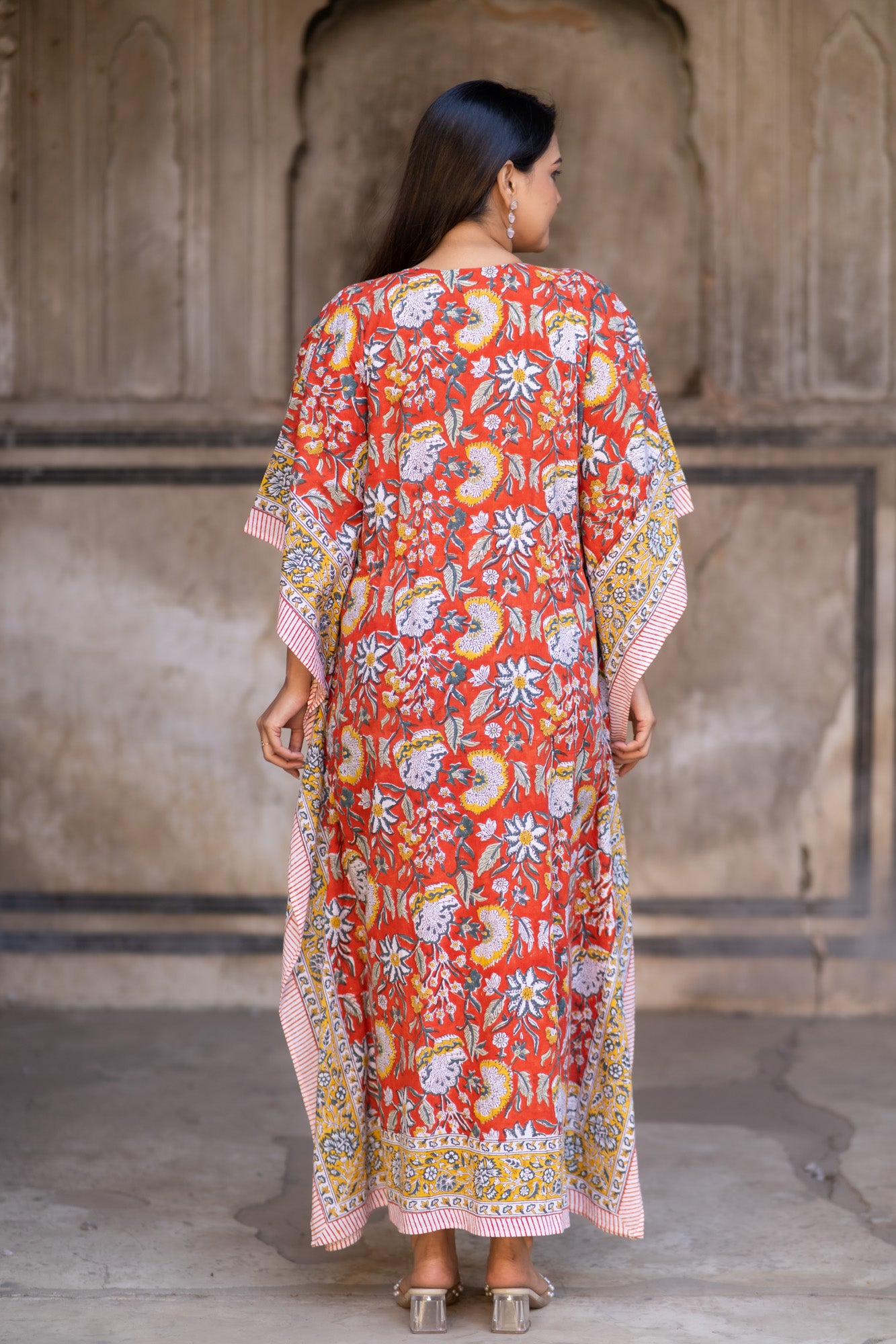 ORANGE FLORAL BLOCK PRINTED KAFTAN-NVK519