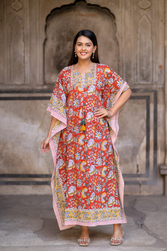 ORANGE FLORAL BLOCK PRINTED KAFTAN-NVK519