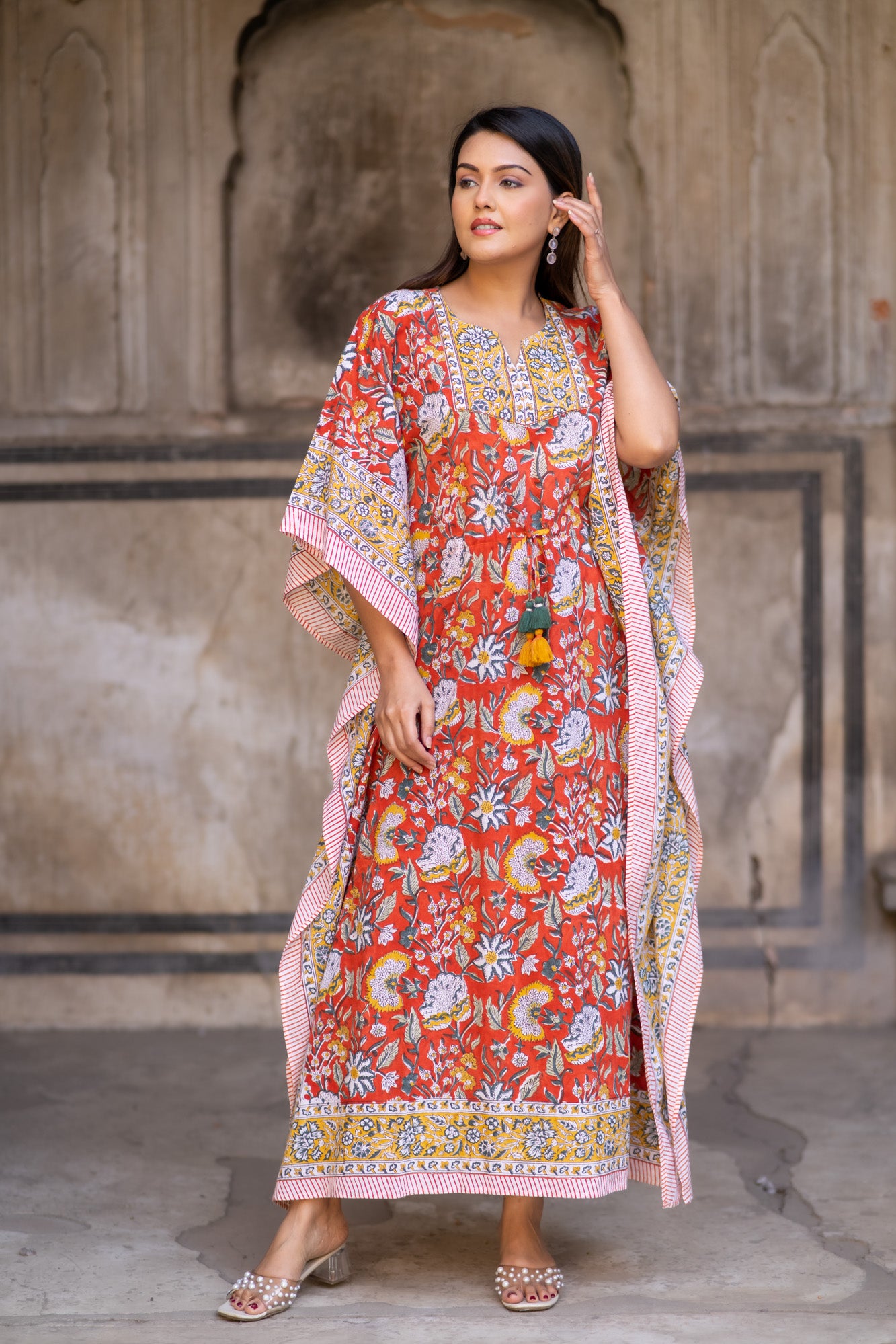 ORANGE FLORAL BLOCK PRINTED KAFTAN-NVK519