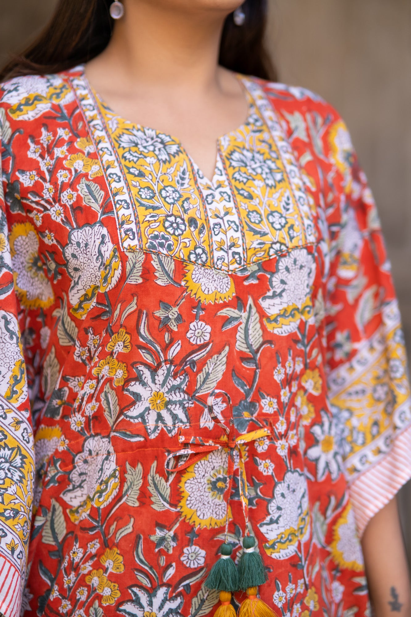 ORANGE FLORAL BLOCK PRINTED KAFTAN-NVK519