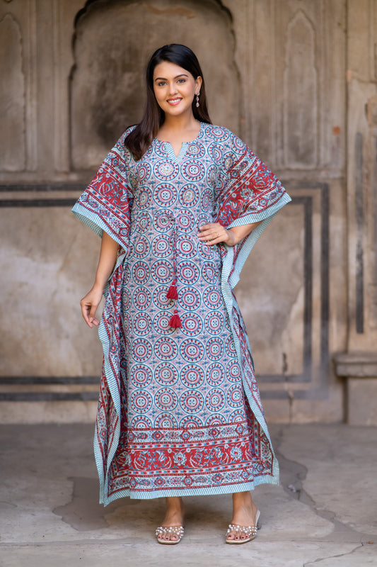 BLUE RED BLOCK PRINTED KAFTAN-NVK517