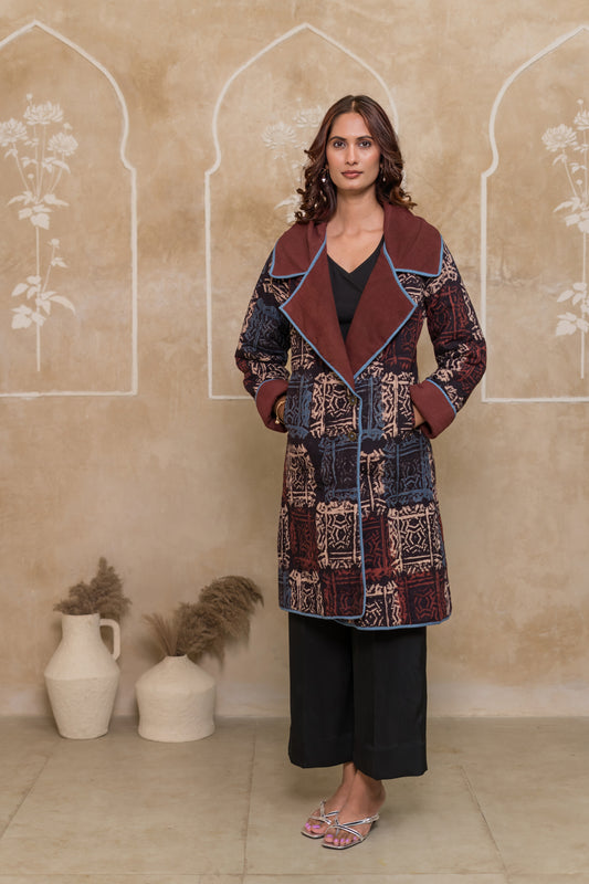 Block Printed Waffle Quilted Coat-NVQJ639