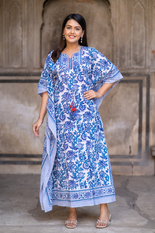 BLUE WHITE FLORAL BLOCK PRINTED KAFTAN-NVK520