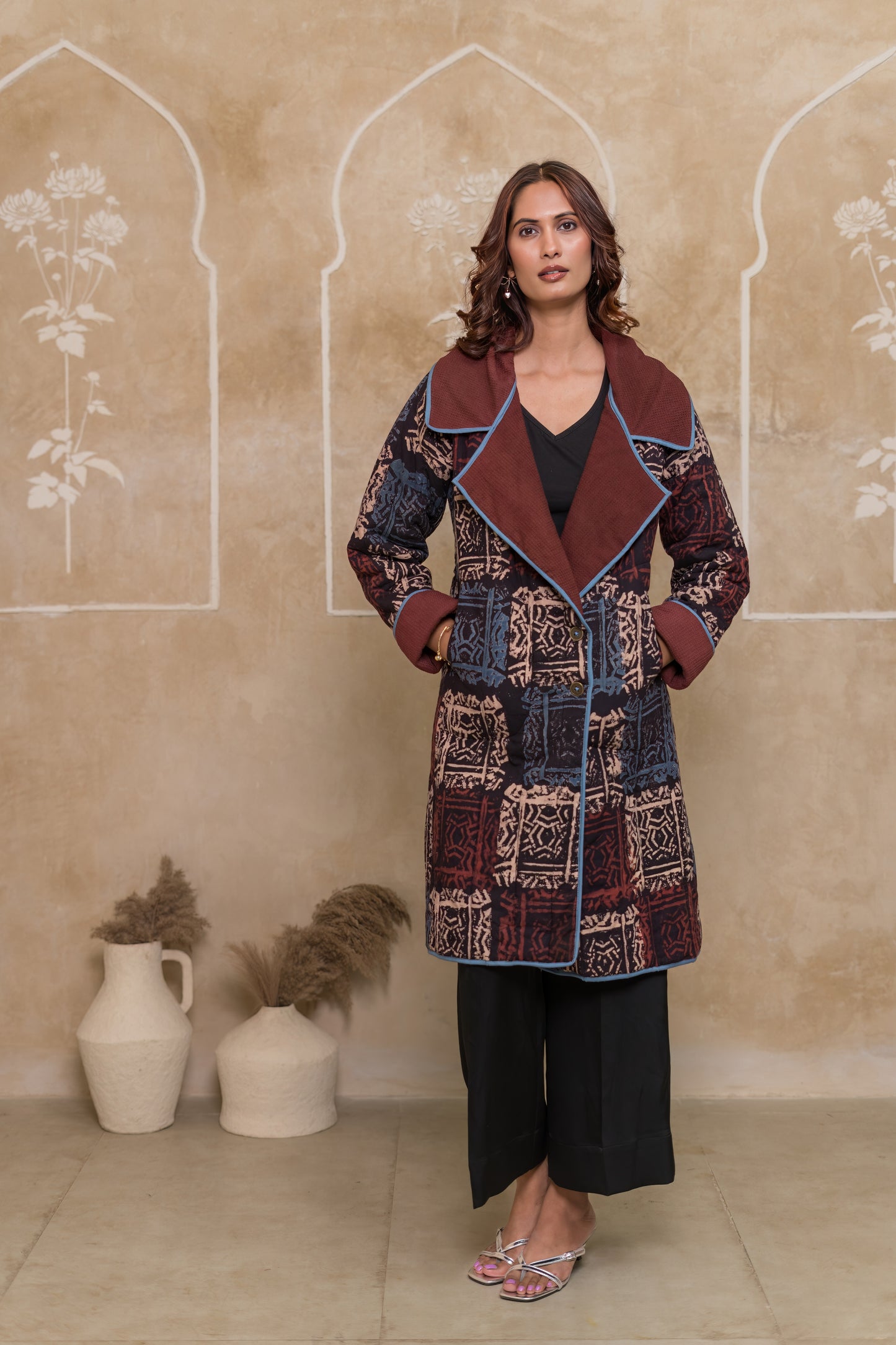 Block Printed Waffle Quilted Coat-NVQJ639