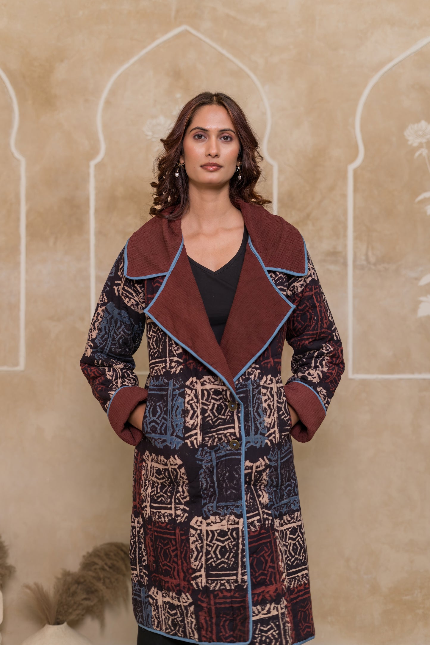 Block Printed Waffle Quilted Coat-NVQJ639
