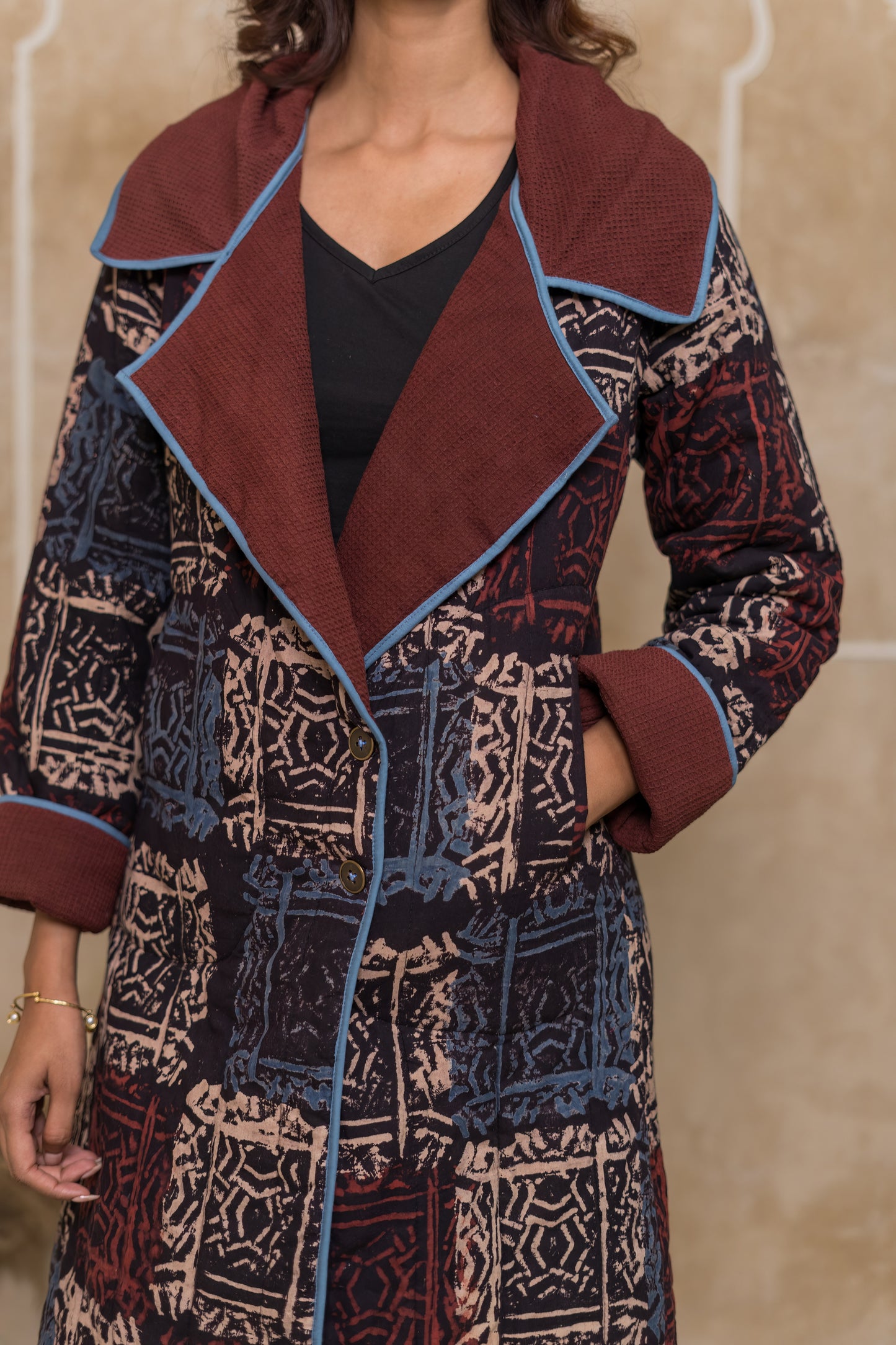 Block Printed Waffle Quilted Coat-NVQJ639