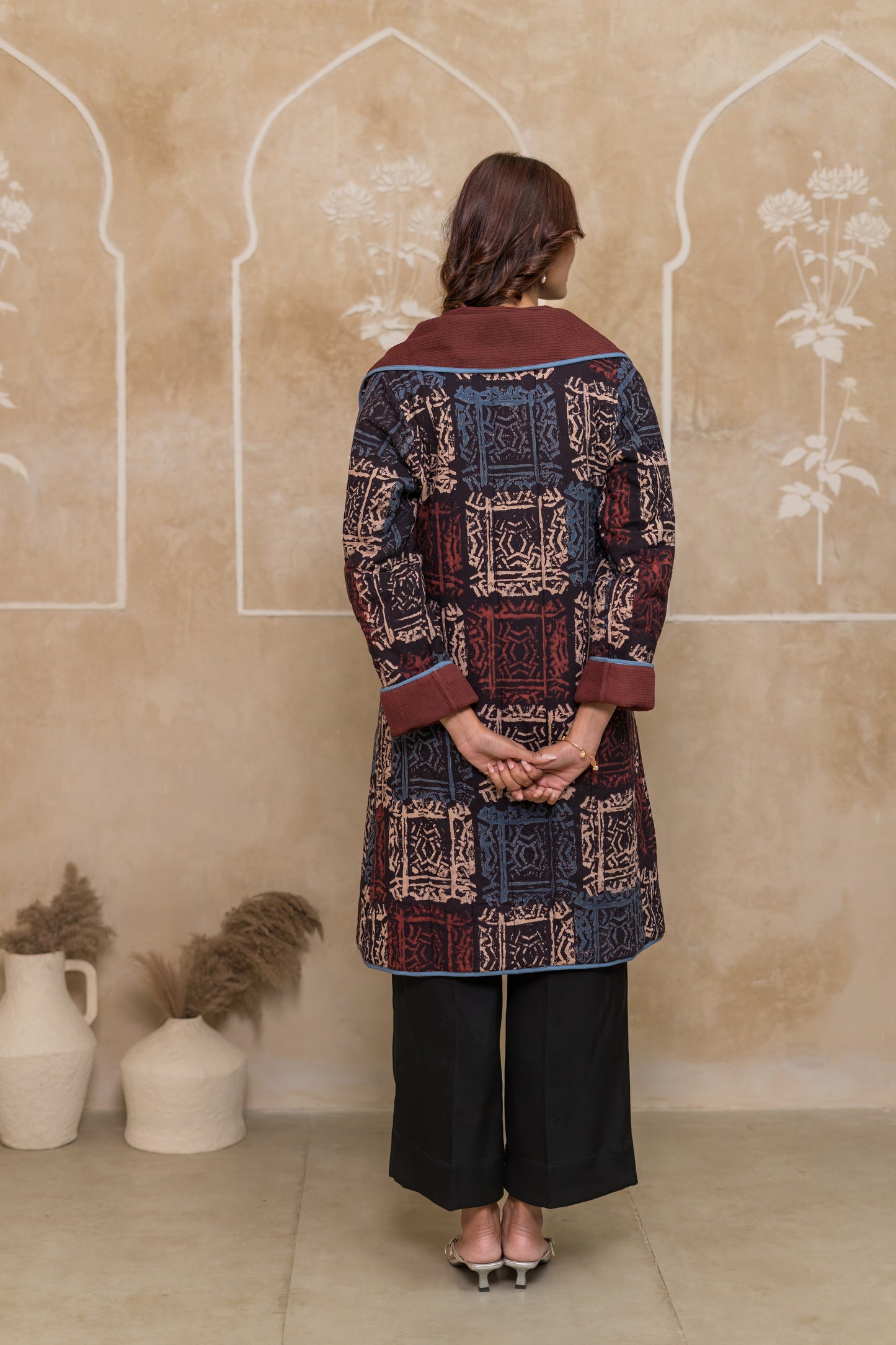 Block Printed Waffle Quilted Coat-NVQJ639