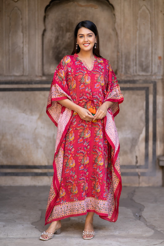 PINK FLORAL BLOCK PRINTED KAFTAN-NVK521