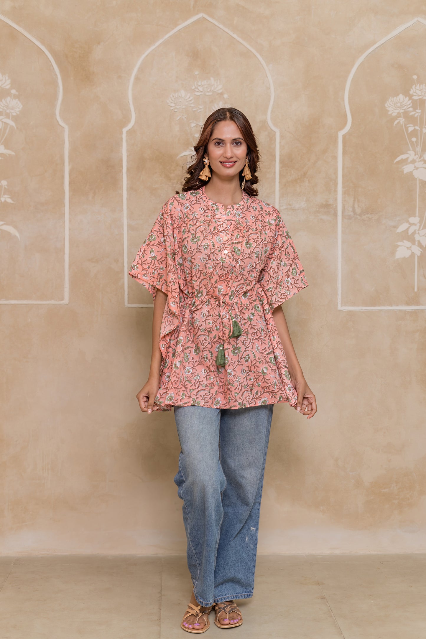 PEACH BLOCK PRINTED KAFTAN TOP-NVK541